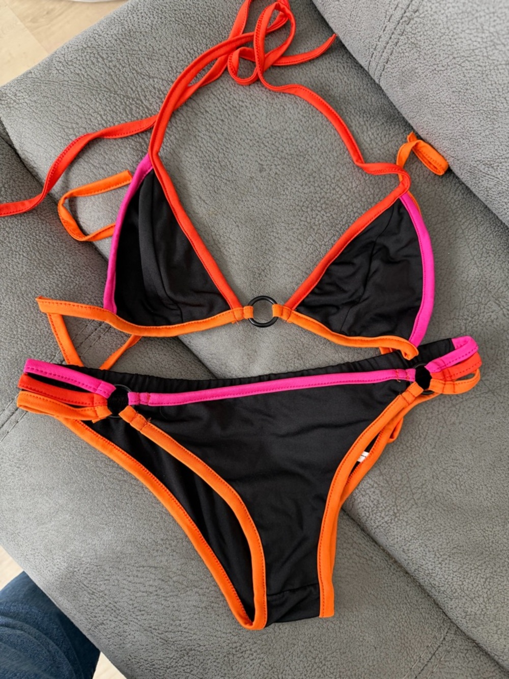 Black Bikini with Orange & Pink Trim - Women's Two-Piece Swim Set